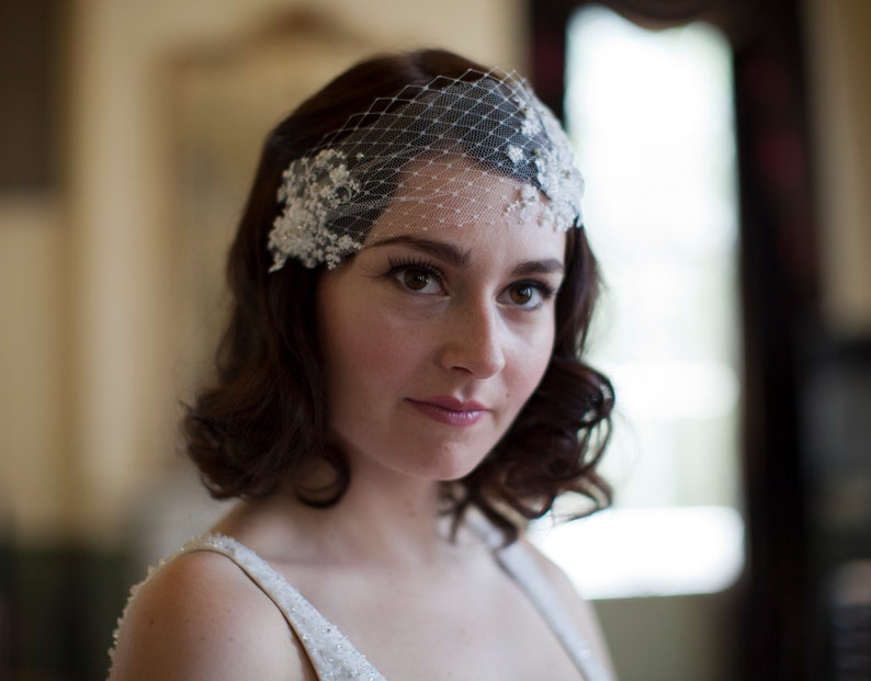 Wedding Head Piece with Lace and Crystal Rhinestones silk tulle and french net, white,ivory or champagne,Agnes hart image 3