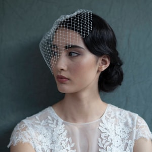 Puede incluir: Una mujer con un vestido de encaje blanco y un velo delicado sobre su rostro. Su cabello est&aacute; peinado en un mo&ntilde;o cl&aacute;sico.