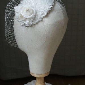 Ivory Wedding Headpiece with detachable birdcage veil and flower and lace details for 1940s, 1930s style wedding dress Agnes Hart UK image 6