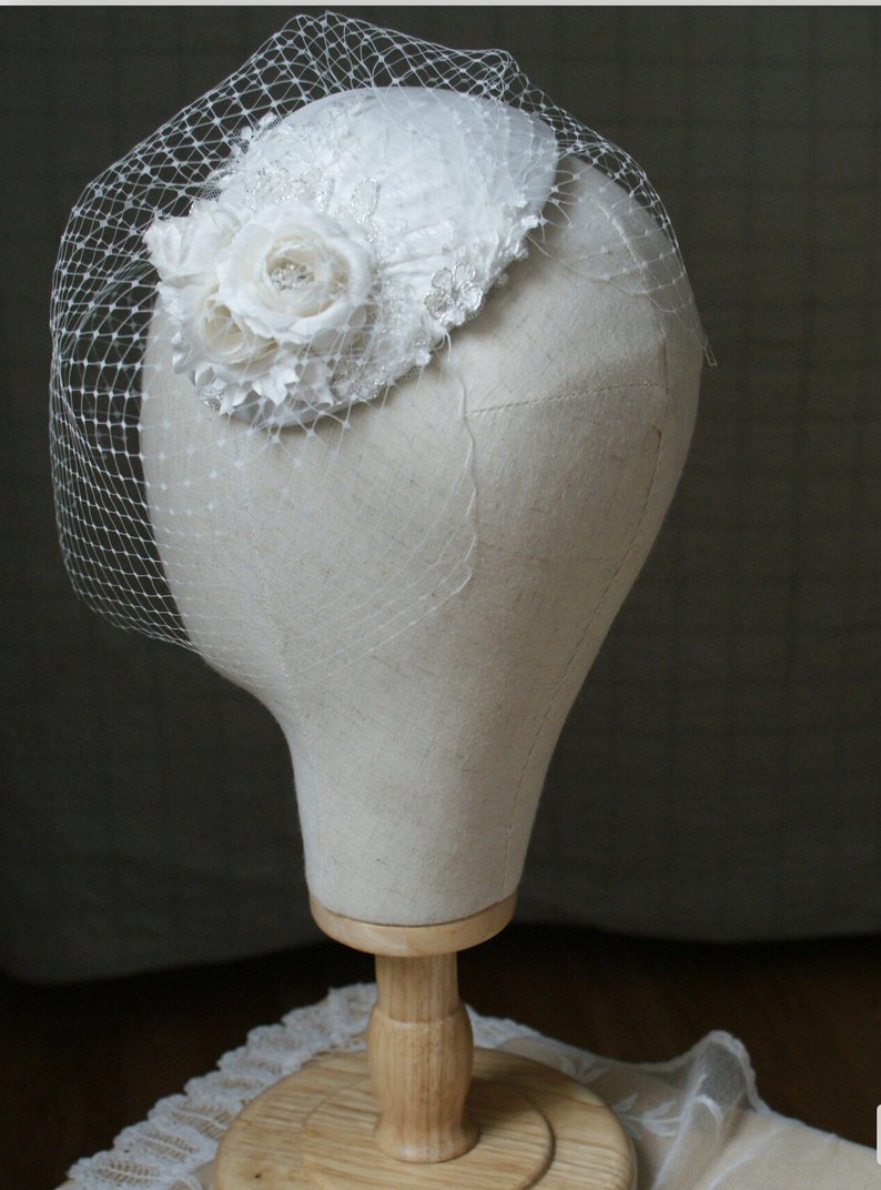 Ivory Wedding Headpiece with detachable birdcage veil and flower and lace details for 1940s, 1930s style wedding dress Agnes Hart UK image 6