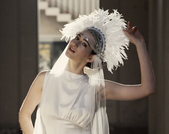 Statement Wedding Headpiece with ivory feathers - Vintage Showgirl Feather headdress - Carnival Wedding - Bohemian Bridal Headpiece