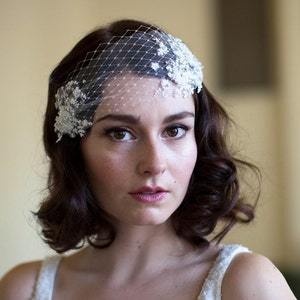 Wedding Head Piece with Lace and Crystal Rhinestones silk tulle and french net, white,ivory or champagne,Agnes hart