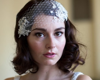 Wedding Head Piece with Lace and Crystal Rhinestones silk tulle and french net, white,ivory or champagne,Agnes hart
