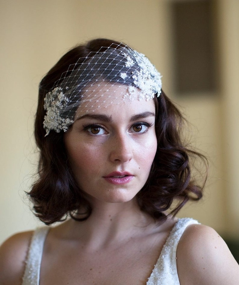 Wedding Head Piece with Lace and Crystal Rhinestones silk tulle and french net, white,ivory or champagne,Agnes hart zdjęcie 1