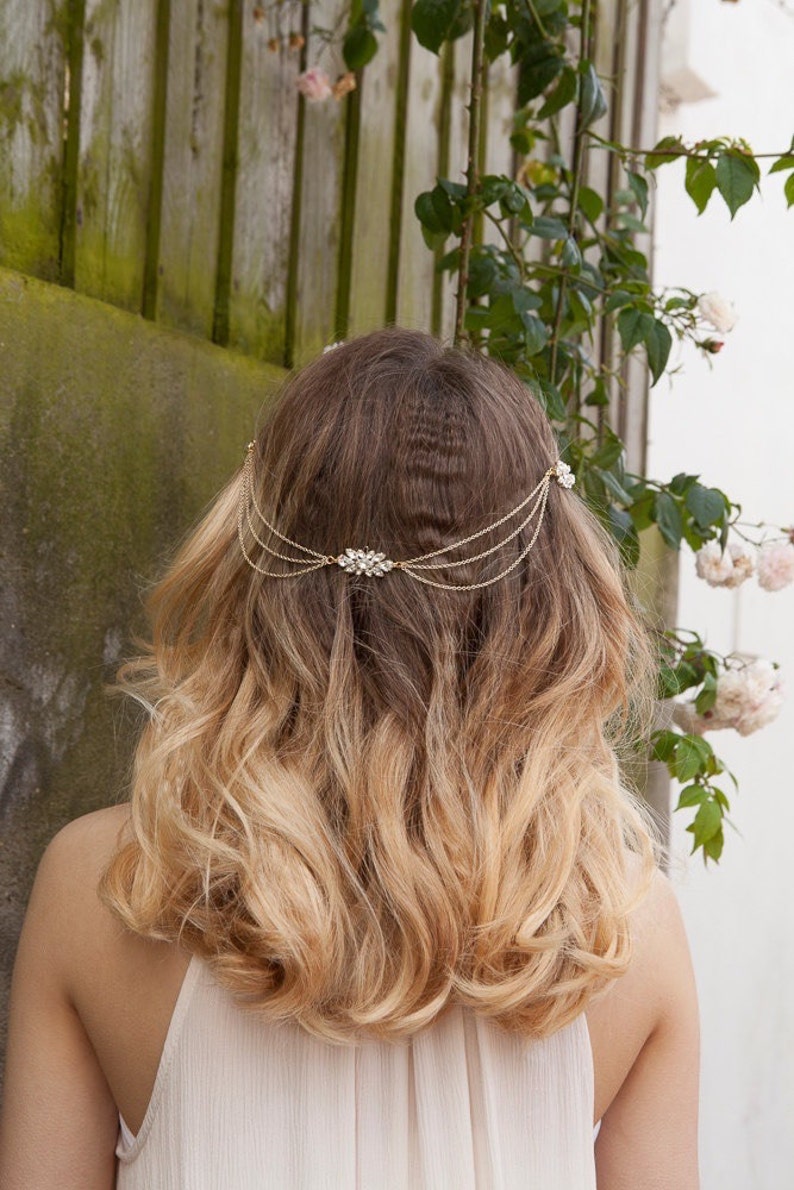 Gold Chain Headpiece Bohemian Bridal Hair chain Gold Tone Wedding hair Accessory Draped Hair Chain Bridal headpiece image 1