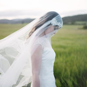 Dramatic Juliet cap veil with a blusher and embroidered lace -Cathedral length ivory veil -Kate moss style veil