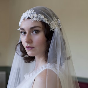 Dramatic Juliet Cap Veil with Beaded Floral lace ,Kate moss style veil, cathedral length veil,chapel length veil,ivory,white, champagne veil