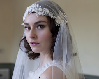 Voile de cap Juliette dramatique avec dentelle florale perlée, voile de style Kate moss, voile de longueur cathédrale, voile de longueur chapelle, ivoire, blanc, voile champagne