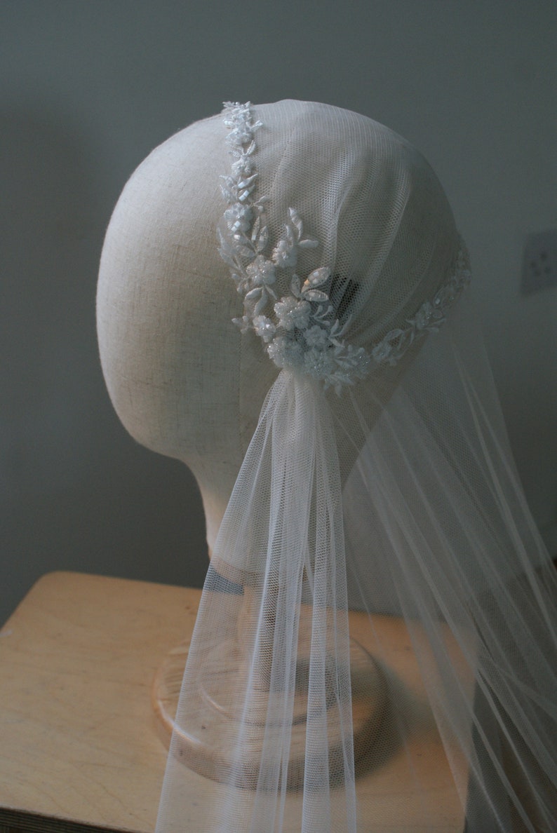 Luxury Beaded Juliet Cap Wedding Veil , Kate moss style veil, 1930s Bridal Veil, Champagne Juliet Cap Veil image 9