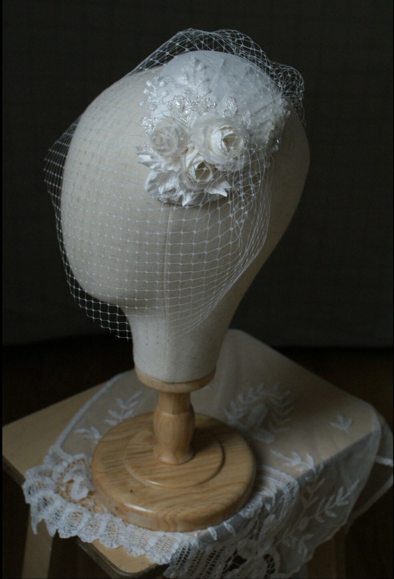 Ivory Wedding Headpiece with detachable birdcage veil and flower and lace details for 1940s, 1930s style wedding dress Agnes Hart UK image 5