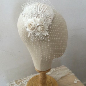 Ivory Wedding Headpiece with detachable birdcage veil and flower and lace details for 1940s, 1930s style wedding dress Agnes Hart UK image 7