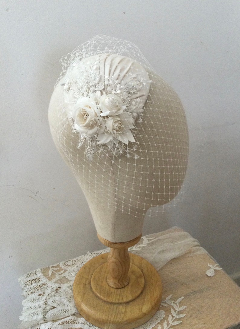Ivory Wedding Headpiece with detachable birdcage veil and flower and lace details for 1940s, 1930s style wedding dress Agnes Hart UK image 7