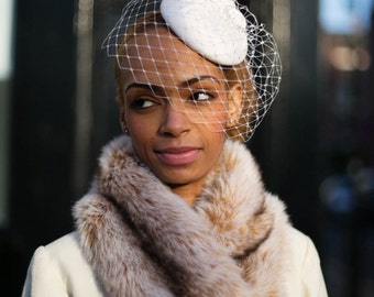 Ivory Bridal Hat with Birdcage veil - Wedding  hat - Cocktail hat in white, ivory, navy blue, black