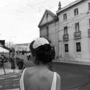 Elegant Bridal Cap Headpiece with birdcage veil Half Hat Style Wedding 1950s wedding hat 1940s wedding headpiece Bridal hat with leaves image 6