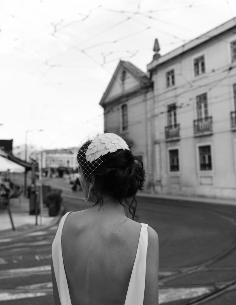 Elegant Bridal Cap Headpiece with birdcage veil Half Hat Style Wedding 1950s wedding hat 1940s wedding headpiece Bridal hat with leaves image 6