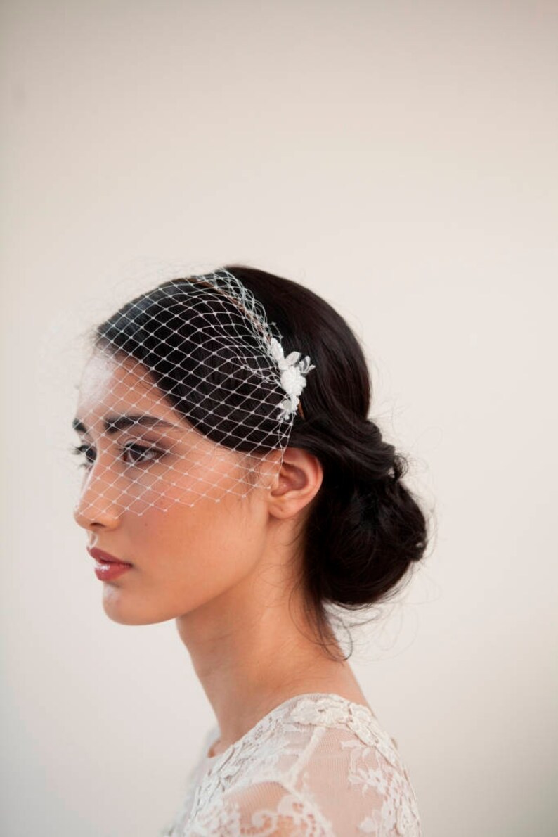 Ivory Birdcage Veil With Floral Lace Bridal Veil With Beaded Etsy