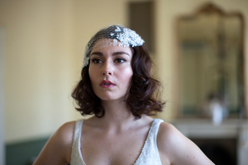 Wedding Head Piece with Lace and Crystal Rhinestones silk tulle and french net, white,ivory or champagne,Agnes hart image 4