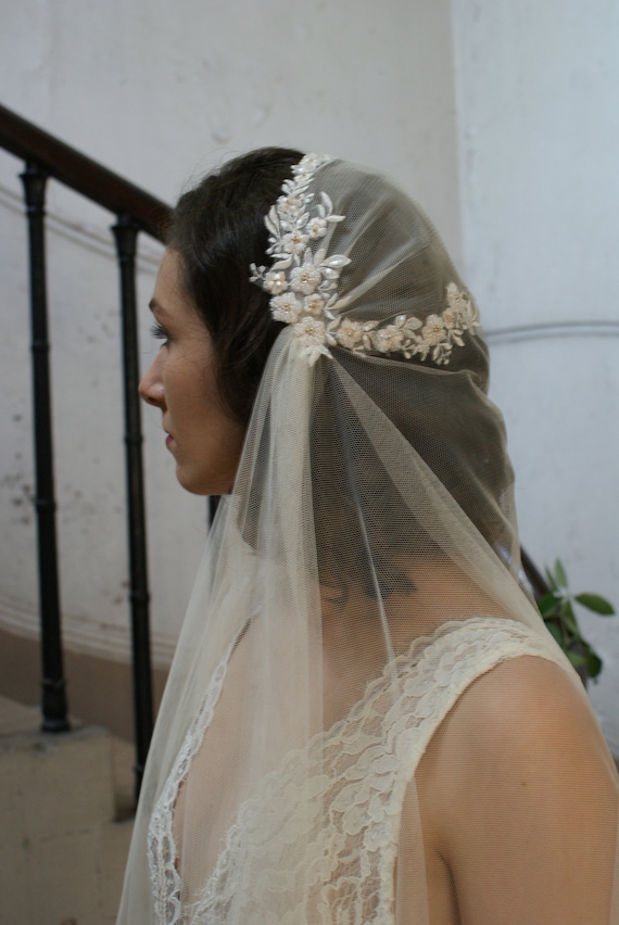 Ivory Luxury Beaded Juliet Cap Wedding Veil 1930s style by AgnesHart Luxury Beaded Juliet Cap Wedding Veil , Kate Moss Style Veil  main image 3