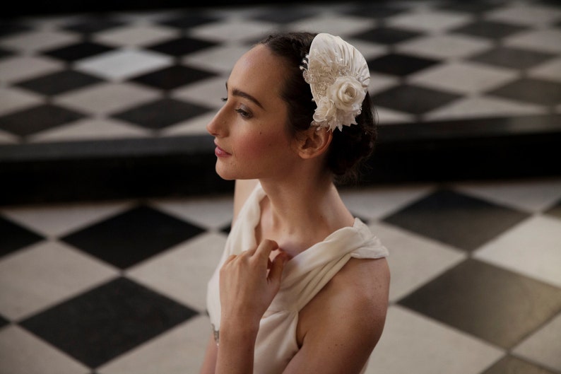 Ivory Wedding Headpiece with detachable birdcage veil and flower and lace details for 1940s, 1930s style wedding dress Agnes Hart UK image 3