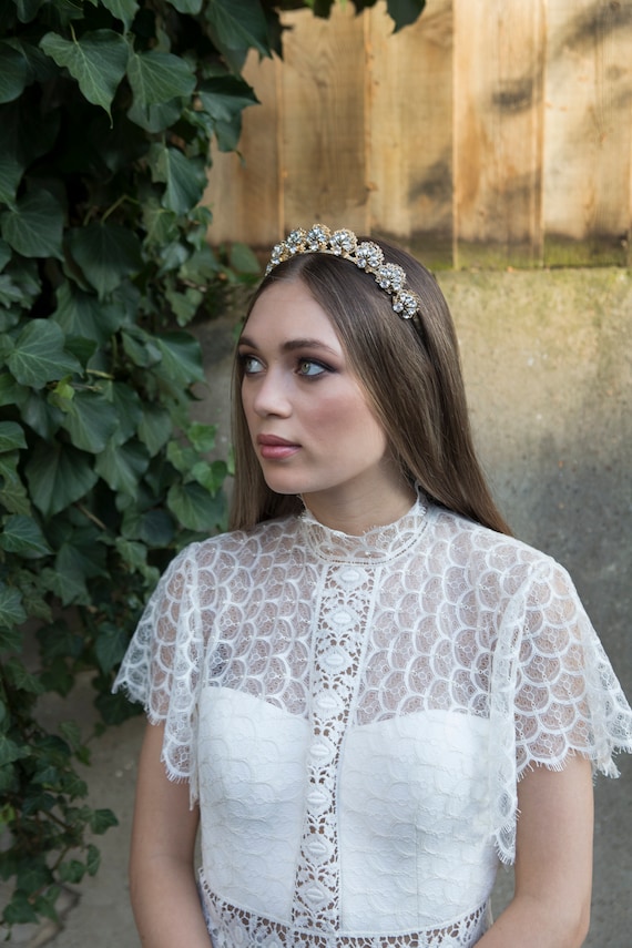 Gold Bridal Halo and Ivory Wedding Veil - Statement Gold Bridal Crown with Dramatic Veil - Bohemian Bridal Veil and Headpiece - Agnes Hart