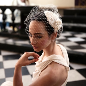 Ivory Wedding Headpiece with detachable birdcage veil and flower and lace details for 1940s, 1930s style wedding dress Agnes Hart UK image 2