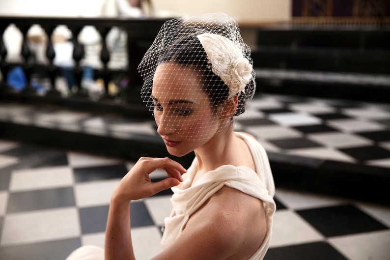 Ivory Wedding Headpiece with detachable birdcage veil and flower and lace details for 1940s, 1930s style wedding dress Agnes Hart UK image 2