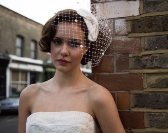 1950s Bridal Headpiece, Bridal Cocktail Hat and Birdcage veil - Polka dot veil - White, Ivory, Cream, Champagne, Black, Navy Blue,  Pink