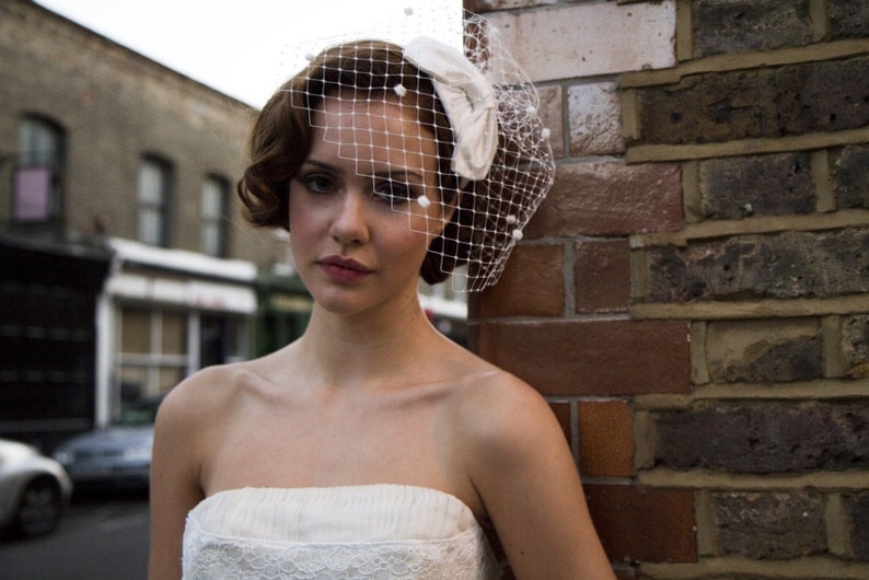 1950s Bridal Headpiece, Bridal Cocktail Hat and Birdcage veil Polka dot veil White, Ivory, Cream, Champagne, Black, Navy Blue, Pink image 1