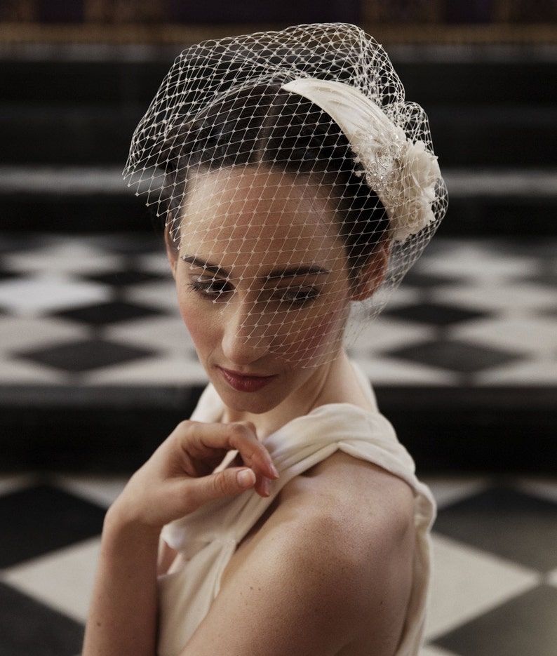 Ivory Wedding Headpiece with detachable birdcage veil and flower and lace details for 1940s, 1930s style wedding dress Agnes Hart UK image 4