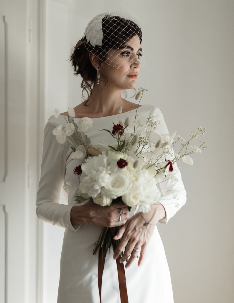 Elegant Bridal Cap Headpiece with birdcage veil Half Hat Style Wedding 1950s wedding hat 1940s wedding headpiece Bridal hat with leaves image 2