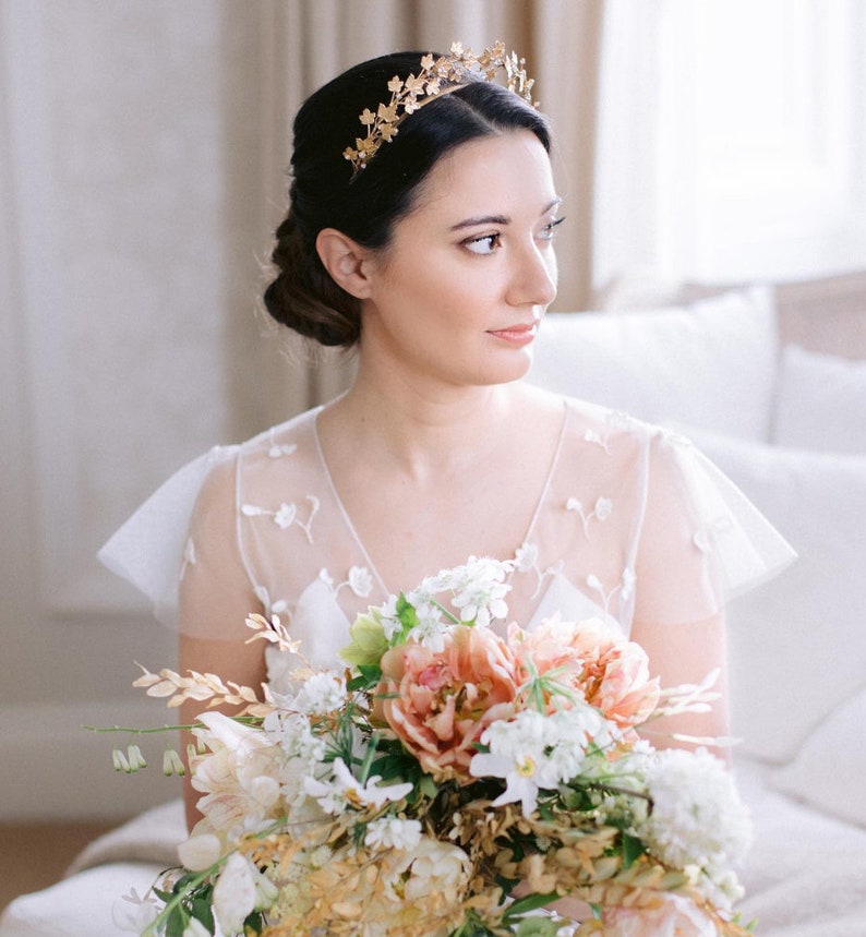 Gold Bridal Tiara Gold Wedding Headpiece Ivy Leaf Crown Stylish wedding Halo Agnes Hart Crown image 8