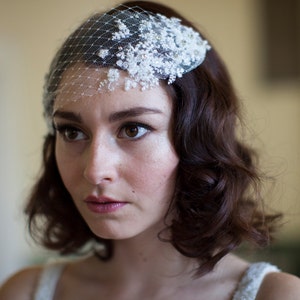 Wedding Head Piece with Lace and Crystal Rhinestones silk tulle and french net, white,ivory or champagne,Agnes hart zdjęcie 2