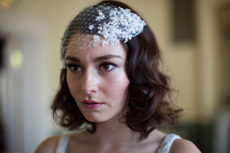 Wedding Head Piece with Lace and Crystal Rhinestones silk tulle and french net, white,ivory or champagne,Agnes hart image 2