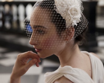 Ivory Wedding Headpiece with detachable birdcage veil and flower and lace details -for 1940s, 1930s style wedding dress -Agnes Hart UK