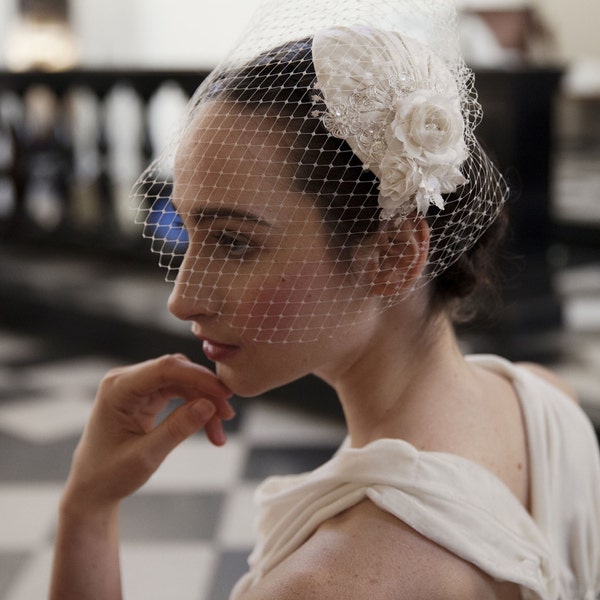 Ivory Wedding Headpiece with detachable birdcage veil and flower and lace details -for 1940s, 1930s style wedding dress -Agnes Hart UK