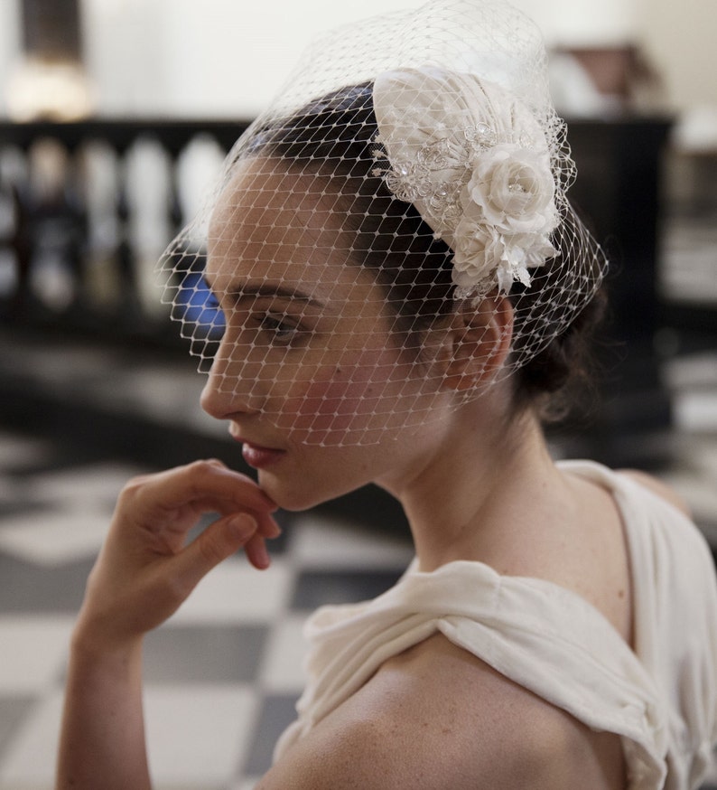 Ivory Wedding Headpiece with detachable birdcage veil and flower and lace details for 1940s, 1930s style wedding dress Agnes Hart UK image 1