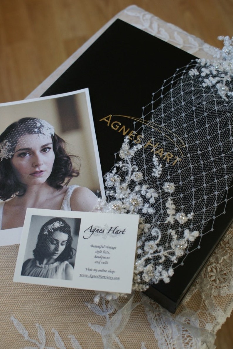 Wedding Head Piece with Lace and Crystal Rhinestones silk tulle and french net, white,ivory or champagne,Agnes hart image 5