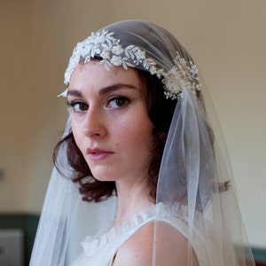 Juliet Cap Veil with Beaded Floral lace, 1930s veil, cathedral length veil, chapel length veil, ivory, white, champagne veil image 2