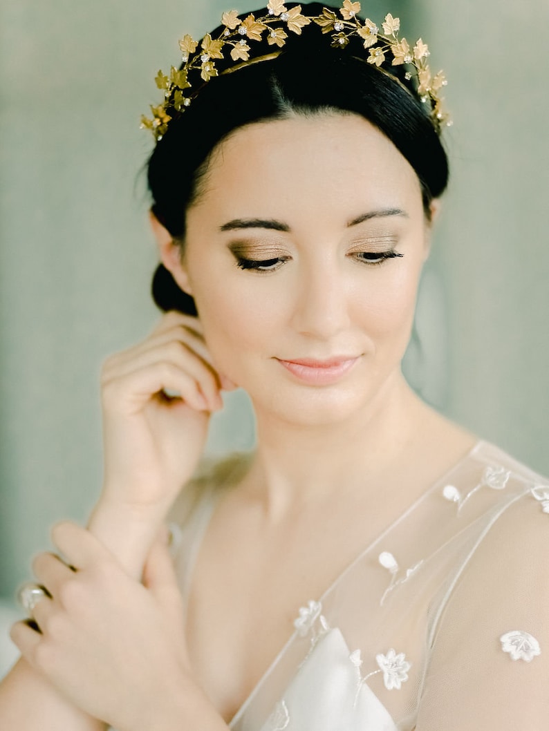 Gold Bridal Tiara Gold Wedding Headpiece Ivy Leaf Crown Stylish wedding Halo Agnes Hart Crown image 2