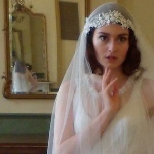 Juliet Cap Veil with Beaded Floral lace, 1930s veil, cathedral length veil, chapel length veil, ivory, white, champagne veil image 5