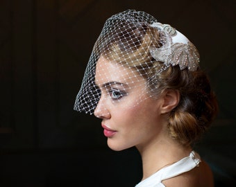 Vintage Wedding Headpiece with veil - Juliet cap  with Birdcage veil - 1940s Headpiece, 1930s Headpiece.