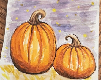 Original water color painting 4x6 - moonlit pumpkins