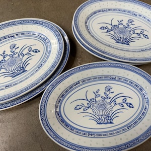 sale 6 Chinese blue and white rice flower pattern oval plates