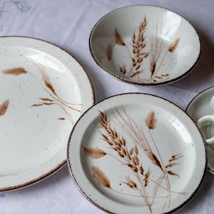 Pode incluir: Um conjunto de pratos de cerâmica branca com um design de trigo castanho. O conjunto inclui um prato de jantar grande, um prato de jantar menor, uma tigela e uma chávena de chá e um pires.