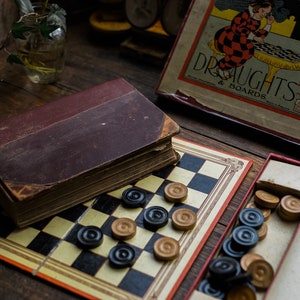 rare set of 2 antique draughts book and original wood draughts game box
