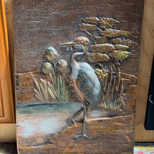 retro copper art wall plaque Heron