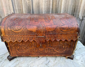 vintage leather wrapped wood treasure chest