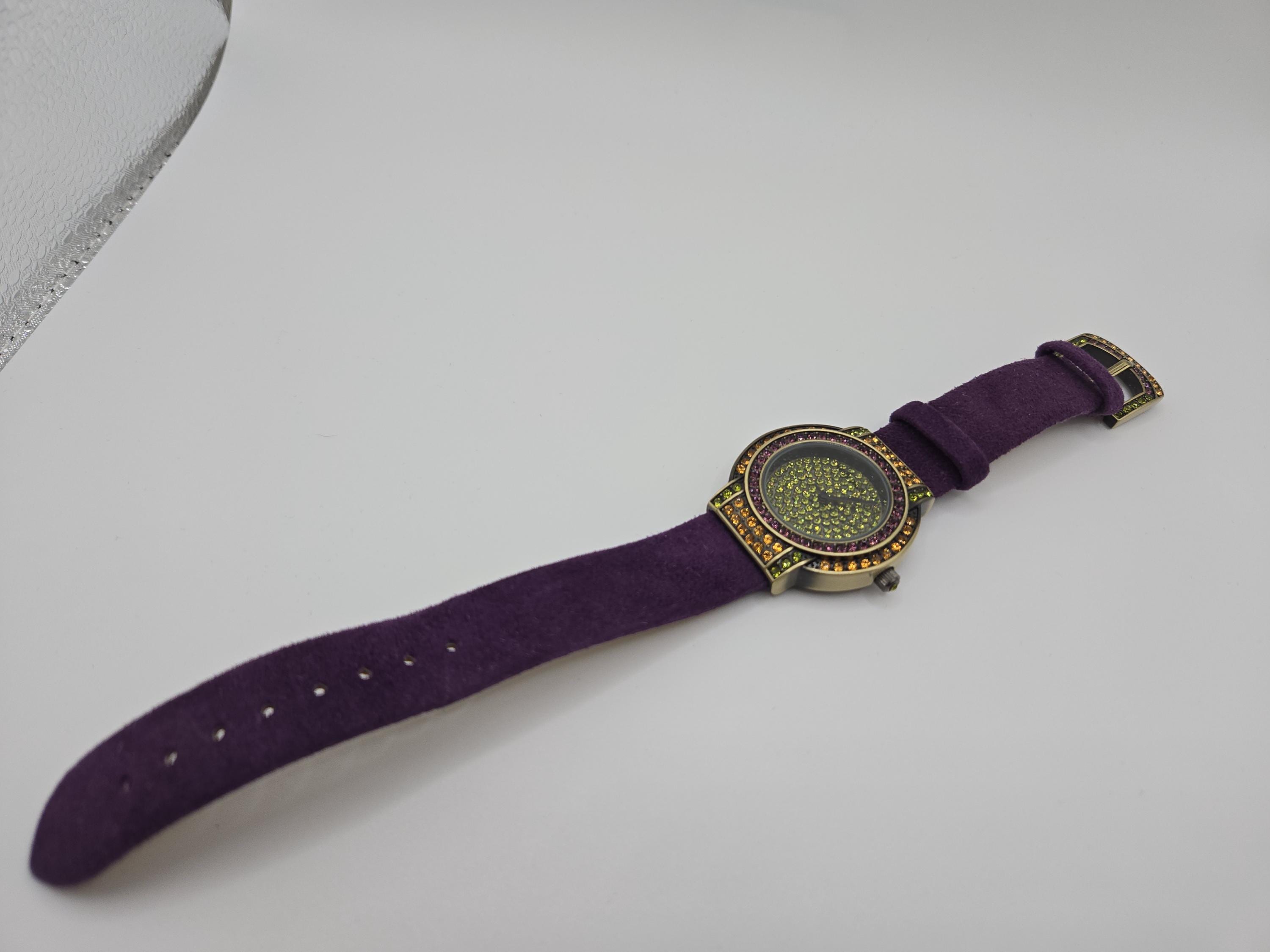Heidi Daus Purple Suede  Green Swarovski Crystal Face Watch HEIDI DAUS Greek Key Pave Swarovski Crystal Leather Strap  main image 2