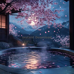 以下が含まれることがあります： ピンクの桜の花と山の景色に囲まれた、蒸気を上げる温泉の浴槽。浴槽は石造りで、周りに木製のデッキがある。