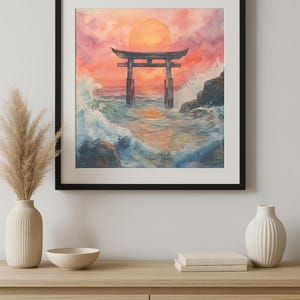 May include: A framed watercolour painting depicting a Japanese torii gate at sunset. The gate is in the ocean, with waves crashing around it. The sky is a blend of orange, pink, and yellow, with a large sun setting in the background.
